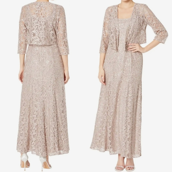 Alex Eveings Size 20W Long Lace Buff Biege Removable Cascade Jacket Dress